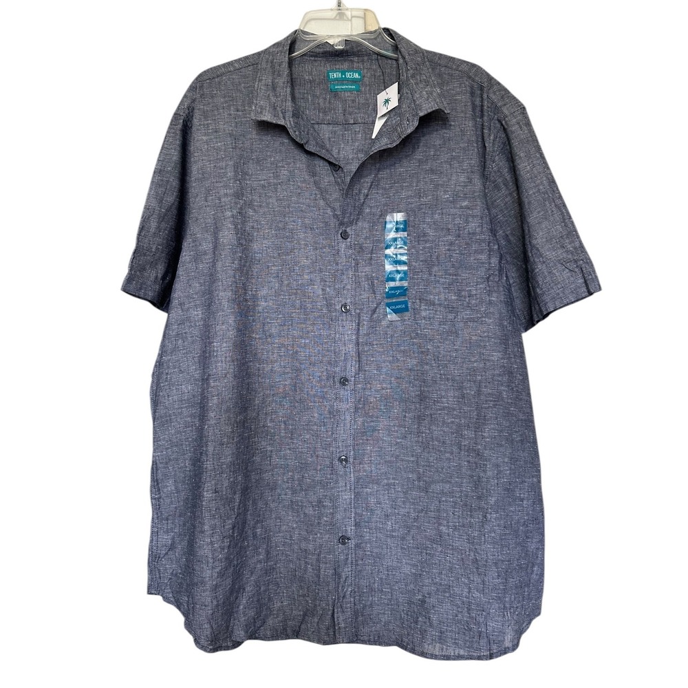 Tenth Ocean Mens XXL Navy Blue Linen Blend Short Sleeve Button Down Shirt NEW